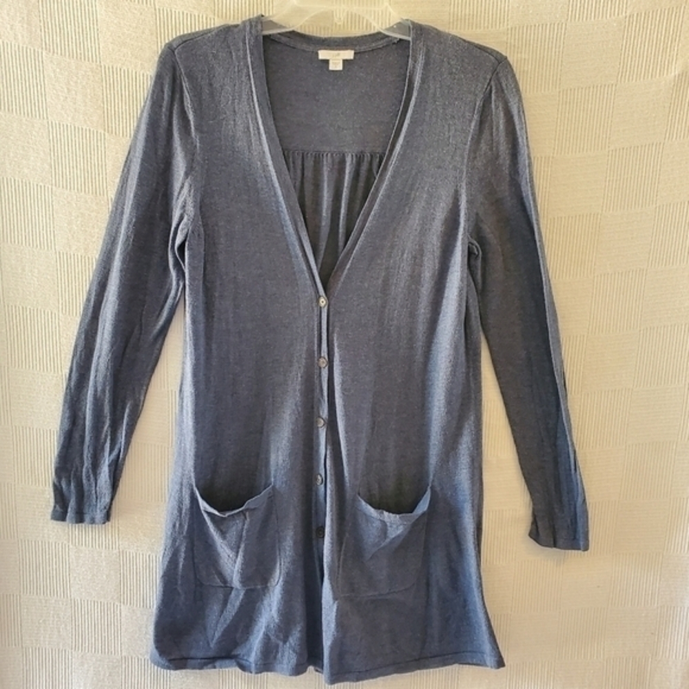 J Jill Cardigan Sweater Womens Small Blue Cotton Blend Longline Duster Pockets